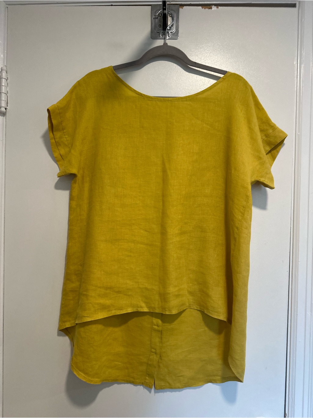 Euc Terzo Millennio Linen Cap Sleeve Yellow Button Back High-Low Relaxed Fit Top